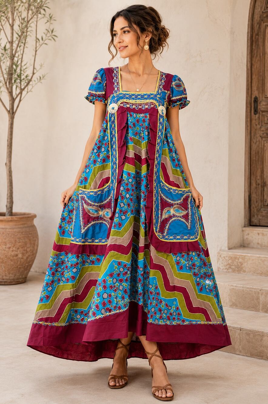 Vintage Boho Patchwork Maxi Dress Square Neck Empire Waist Artisan Folk